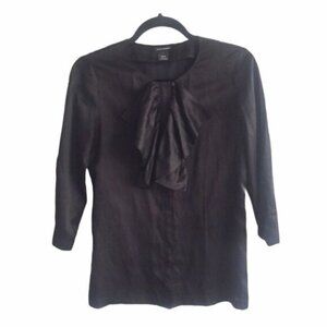 Club MONACO Silk Crew Neck Blouse Ruffle Bib Black XS